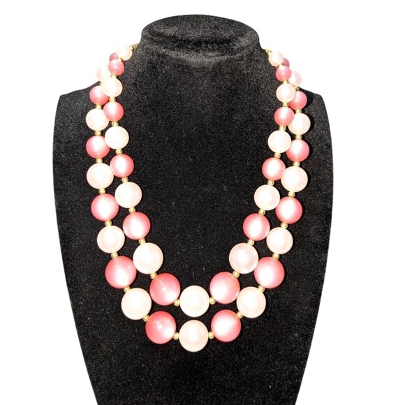 Vintage Pink & White Faux Pearl Beaded Necklace 16 inches with Gold-Tone Clasp H - Picture 1 of 9